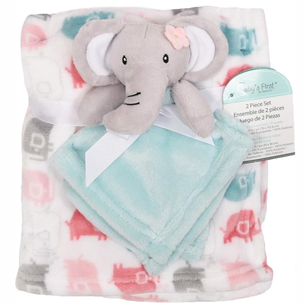 Grey Blue Girl Elephant Security Blanket 2-Piece Set Babys First by Nemcor NWT